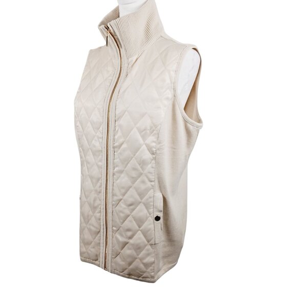Susan Graver, Medium, Creamy Beige, Quilted and Knit, Zip Front Turtleneck Vest - Picture 1 of 14